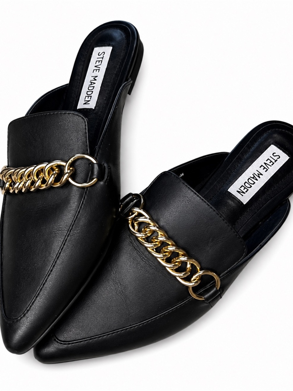 Steve Madden Black Leather Pointed Mules with Gold Chain